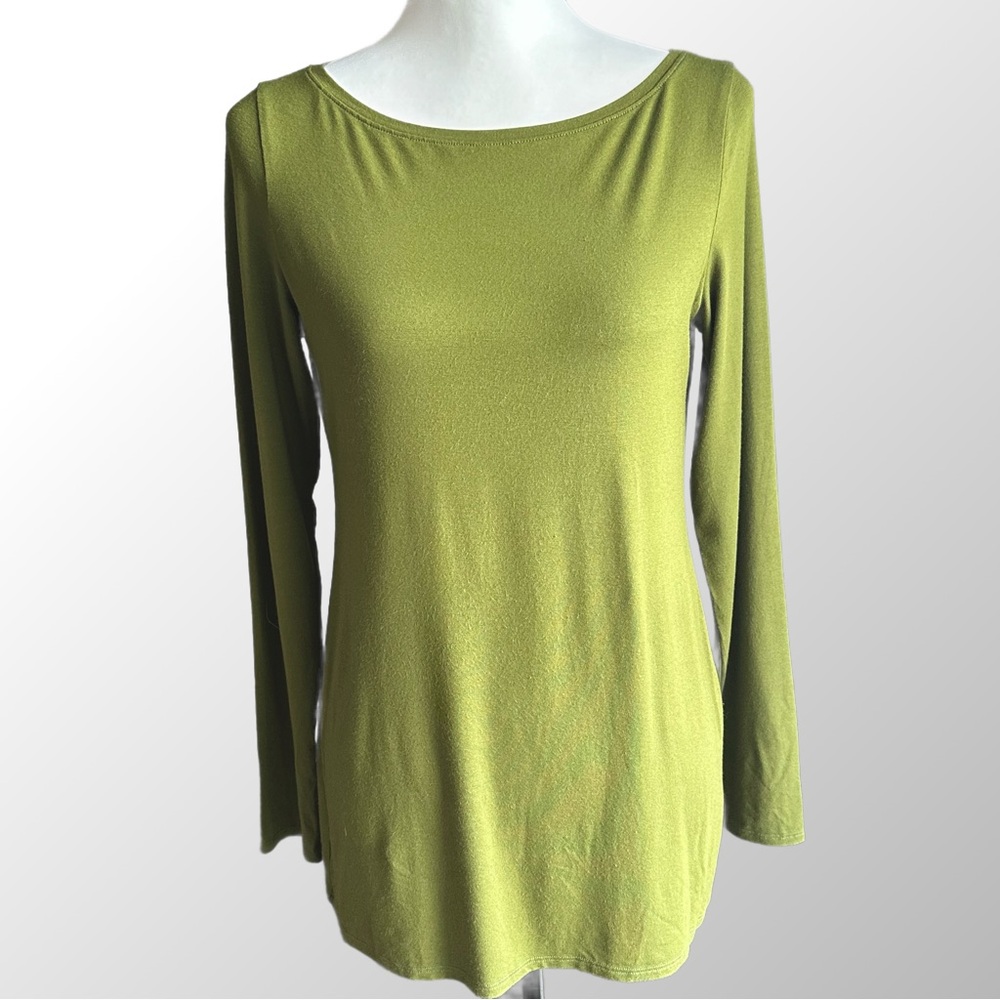 Eileen Fisher Top Womens S Green Long Sleeve Viscose Jersey Boat Neck Slim Fit
